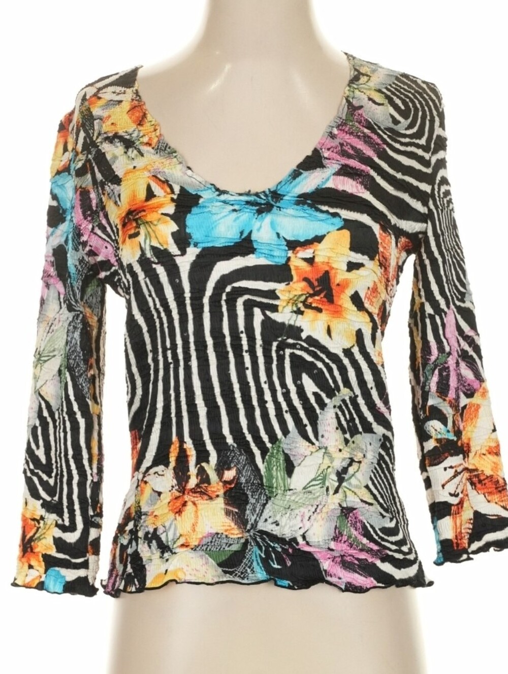 Alberto Makali Sz S 3/4 Sleeve Women Black Zebra Floral V-Neck Top - Multicolor